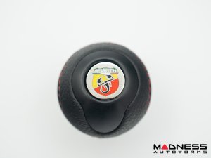 FIAT 500 Gear Shift Knob -  Black Italy - Black Base/ Black Leather Top + Chrome ABARTH Logo - Short Style